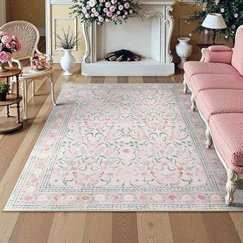 Lahome 5x7 Butterfly Floral Pink Rugs for Bedroom Girls, Pink Carpet for Nursery Playroom Living Room, Soft Rug Washable Non Slip for Dorm Classroom