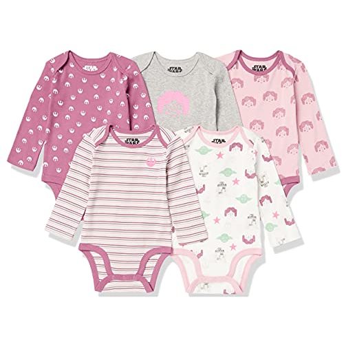 Amazon Essentials Disney | Marvel | Star Wars | Princess Baby Girls Long-Sleeve Bodysuits, Pack of 5