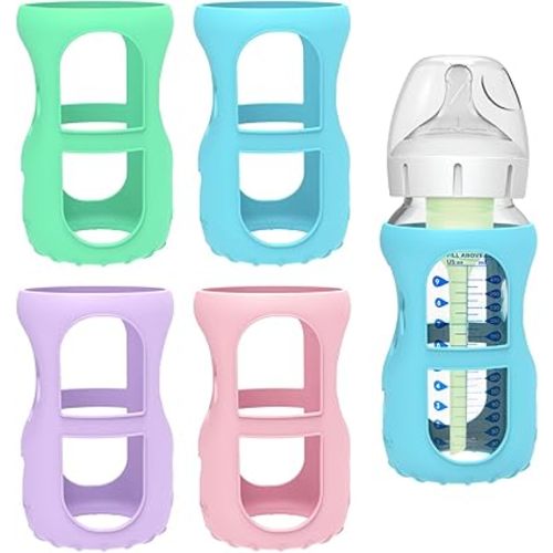 MORLIKE 4 Pack Silicone Sleeves Fit for 9 oz/270 mL Dr. Brown's Wide Neck Glass Baby Bottle, 100% Silicone Covers Protect Baby Bottle, Easy to Grip Baby Bottle Holders for ‎WB93703-WEB ‎WB91700-P4