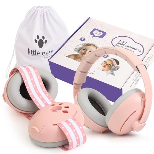 Baby Ear Muffs Noise Protection, 2-In-1 Baby Noise Cancelling Headphones for 0-48 Months Infants Toddlers, Travel Essentials for Airplane Fireworks Sleeping Pink