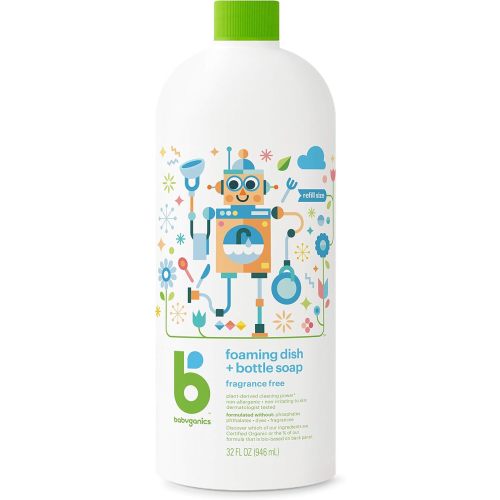 Babyganics Foaming Dish & Bottle Soap Refill, Fragrance Free, Plant-Derived Cleaning Power, Removes Dried Milk, 32 Fl Oz (Pack of 2), Packaging May Vary