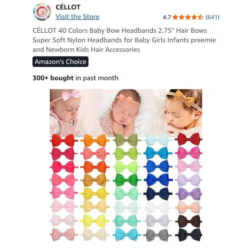 CÉLLOT 40 Colors Baby Bow Headbands 2.75" Hair Bows Super Soft Nylon Headbands for Baby Girls Infants preemie and Newborn Kids Hair Accessories