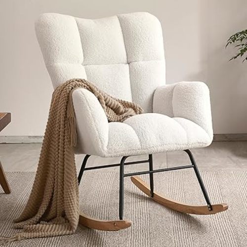 Nursery Rocking Chair, Teddy Fabric Upholstered Glider Rocker with High Backrest, Modern Rocking Accent Chairs Comfy Side Chair for Nursery, Bedroom, Living Room (Ivory)