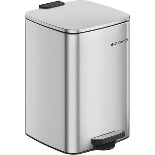 SONGMICS Kitchen Trash Can, 5.2-Gallon (20 L) Trash Bin, Stainless Steel Garbage Can, with Inner Bucket, Soft Close and Stays Open, Metallic Silver ULTB592E01