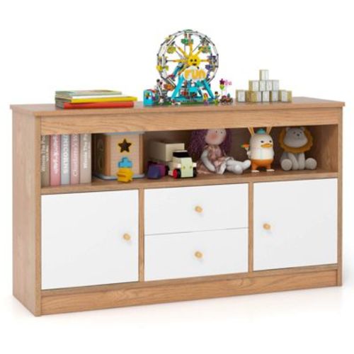 Costway Kids Toy Storage Organizer Wooden Children Bookshelf Storage Chest with Open Shelf White/Natural