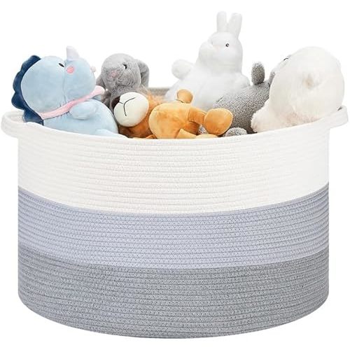 Ravinte Large Storage Basket - 22"x 22"x 14" Blanket Basket for Living Room, Baby Toy Storage Basket, Cotton Rope Basket Woven Laundry Basket (White-Blue-Gray)