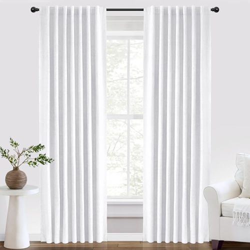 INOVADAY 100% Blackout Curtains 90 Inches Length 2 Panels Set, Back Tab/Rod Pocket Linen Black Out Curtains for Bedroom, Thermal Insulated Window Drapes - Bright White, W50 X L90