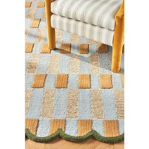 Hand-Tufted Wool Rug with Scalloped Edges, Light Blue Plaid Pattern, Cozy Soft Area Rug for Living Room, Bedroom, and Nursery, Handmade Modern Accent Rug, 5x5 Ft (Square)