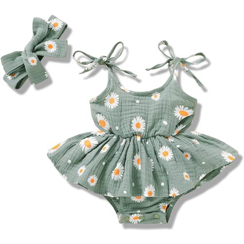Newborn Girl Clothes Baby Strap Daisy Romper Bodysuit with Headband Infant Summer Jumpsuit