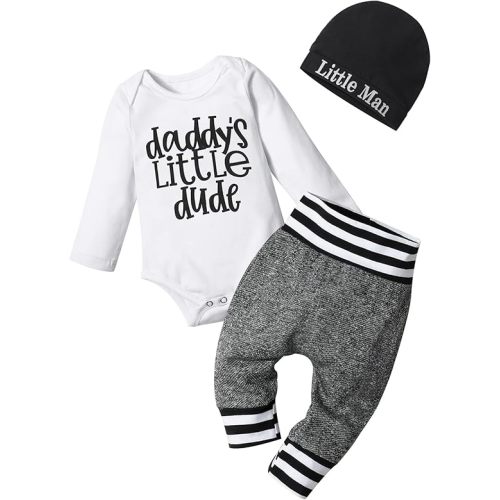 Fommy Newborn Baby Boy Clothes New to The Crew Letter Print Romper+ Pants+Hat 3PCS Outfit