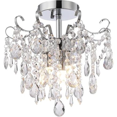 Mini Chrome Chandelier Crystal Ceiling Light,Small Crystal Chandelier Flush Mount Ceiling Light Fixtures for Bedroom,Hallway,Entryway,Living,Dining Room
