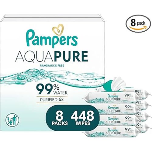 Pampers Aqua Pure Baby Wipes, 99% Water, Fragrance Free, Unscented, Water Based, Multi-Use, 448 Wipes Total (8X Flip-Top Packs) [Packaging May Vary]