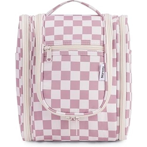Narwey Small Checked Hanging Travel Toiletry Bag for Women, Travel Bag for Toiletries, Makeup Bag Organizer Cosmetic Bags Make Up Bags for Women (Dusty Rose Checkerboard)