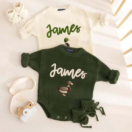 Custom Ducks Hand Embroidered Romper, Personalized Baby Name Romper, Hand Knitted Mallard Duck Outfit, Newborn Baby Gift, Baby Shower Gift