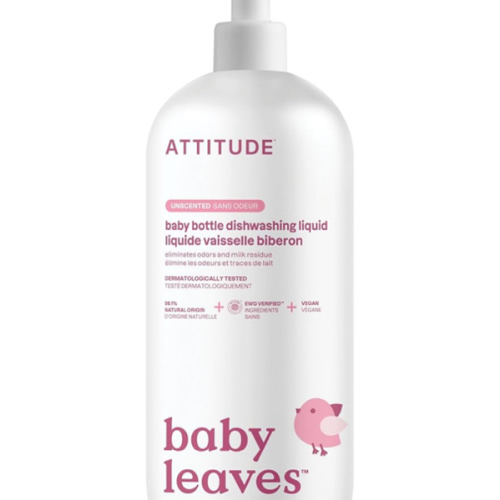 ATTITUDE Baby Dish Soap and Bottle Cleaner, EWG Verified Dishwashing Liquid, No Added Dyes or Fragrances, Tough on Milk Residue and Grease, Vegan, Unscented, 33.8 Fl Oz