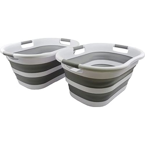 SAMMART 40L (10.5 gallon) Set of 2 Collapsible Plastic Laundry Basket - Foldable Pop Up Storage Container/Organizer - Portable Washing Tub - Space Saving Hamper/Basket (White/Grey)