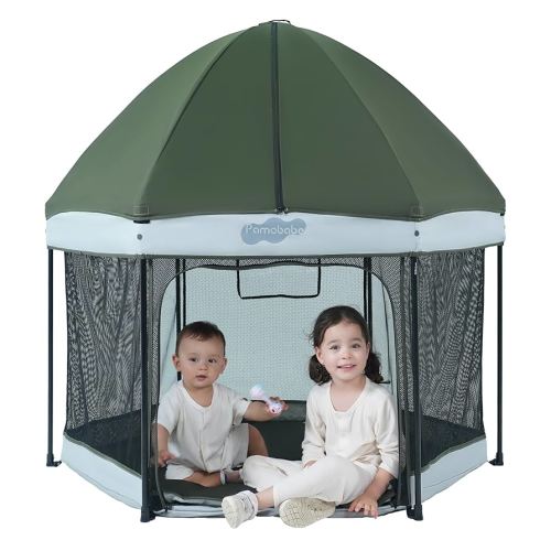 Pamo Babe Travel Playpen with Sun Protection Canopy - Play Yard for Babies and Toddlers - Baby Tent with Zipper Door