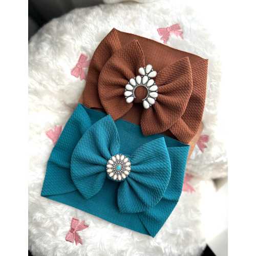 5” Bow on Headwrap w Western Concho - Brown/Turquoise