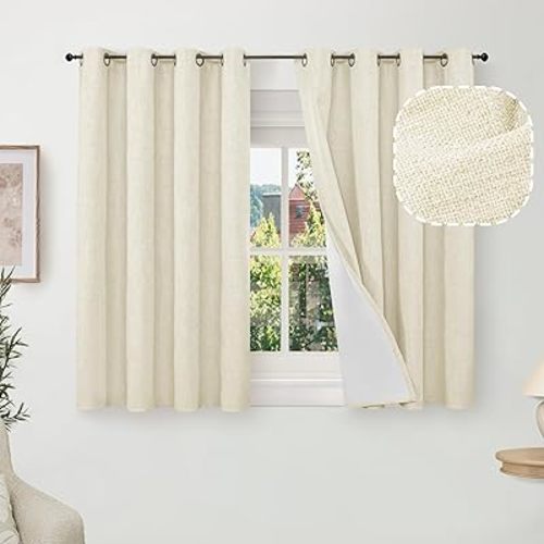 Short Linen Blackout Curtains 45 Inch Length 2 Panels, Thermal Insulated Total Light Blocking Window Curtains for Farmhouse Bedroom Basement, Bronze Grommet, Cream, Each 52" Wide
