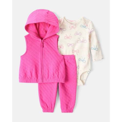 Baby Girl 3-Piece Bow Print Bodysuit, Vest & Pant Set - Pink - Carter's | Carter's