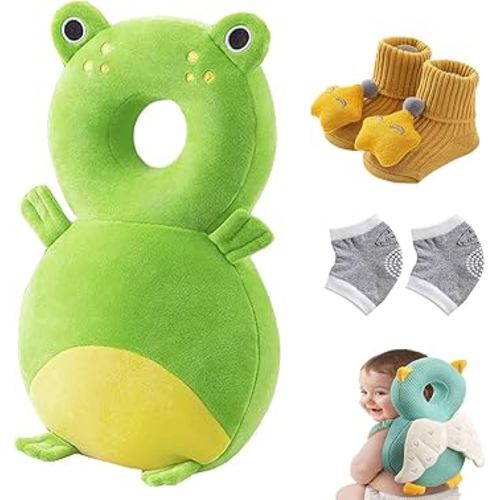 Baby Head Protection Backpack for Crawling and Walking Adjustable with Baby Knee Pads (Green Frogs)