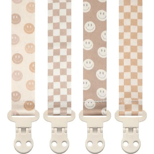 Baby Pacifier Clip Holder - Girl or Boy Unisex 4 Pack Gift Set - Retro Checker and Smiley Faces Design
