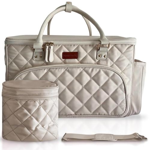 Diaper Bag Tote with Dividers, Zipper, Top Cover and Strap, Larger Size with insulated storage bag - Beige