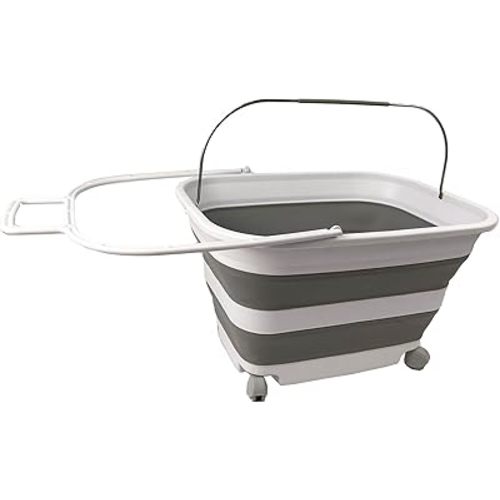 SAMMART 35L (9.24 Gallons) Collapsible Plastic Laundry Basket with Handle and Wheels - Foldable Pop Up Storage Container/Washing Tub - Space Saving (1, White/Grey)