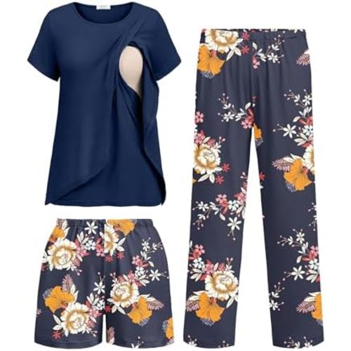 Ekouaer 3 PCS Maternity Nursing Pajamas Set Postpartum Breastfeeding Short Sleeve Shirts, Pregnancy Shorts & Pants Pjs S-XXL