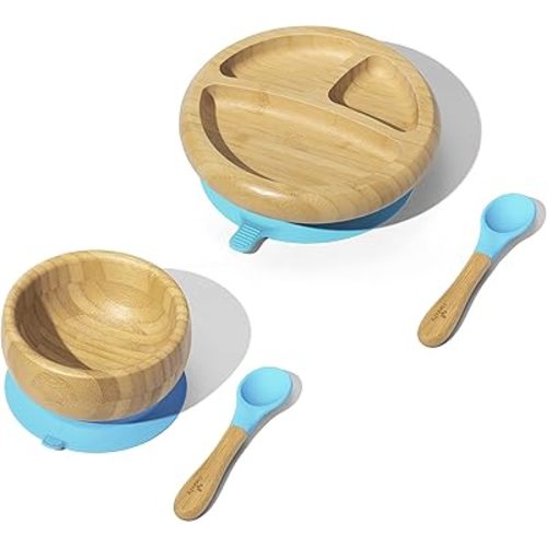 Avanchy Bamboo Baby Plate, Bowl & Spoons Set - Baby Cutlery - Bamboo Kids Bowl - BPA Free Bowl - Bamboo Kids Utensils - Bamboo Kids Bowl (Blue Essentials)