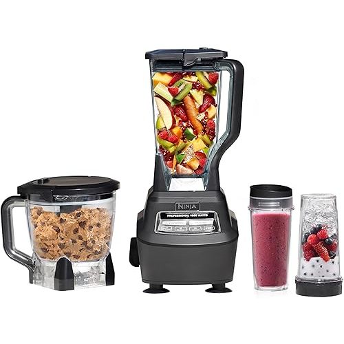 Ninja BL770 Mega Kitchen System, 1500W, 4 Functions for Smoothies, Processing, Dough, Drinks & More, with 72 Blender Pitcher, 64 Processor Bowl, (2) 16-oz. to-Go, Black, with 2 Nutri Cups + Lids