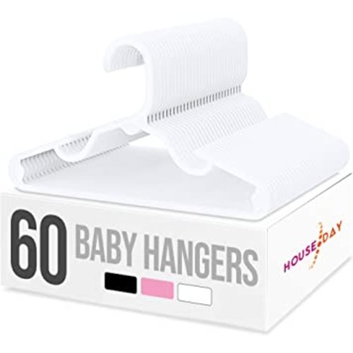 HOUSE DAY Plastic Baby Hangers for Closet 60 Pack, Durable Plastic Kids Hangers for Baby Clothes, Thin & Compact Childrens Hangers, Space Saving White Baby Hangers, Small Hangers for Kids Clothes