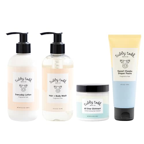 TUBBY TODD Baby Bath & Skincare Kit - The Baby Bundle - Baby Shampoo and Body Wash, Everyday Lotion 8.5 Oz, All Over Ointment 3.5 Oz & Diaper Paste Cream 4 Oz Gift Set - Fragrance-Free