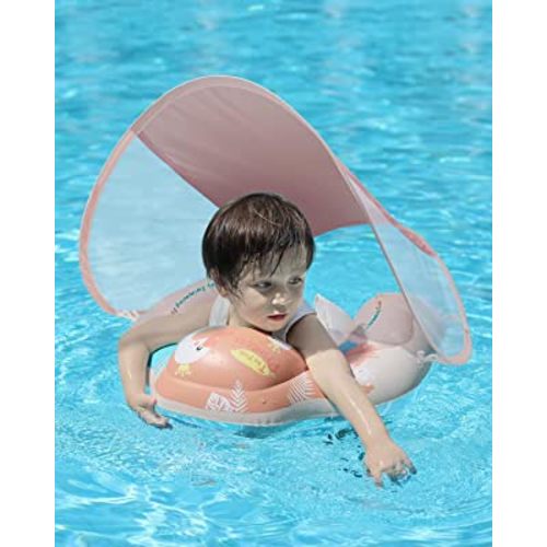 Free Swimming Baby Infant Pool Float with Sun Canopy Inflatable Baby Swimming Floatie with Sponge Safety Bottom Support Water Toys Swimming Trainer for Age of 3-72 Months (Pink, Large)