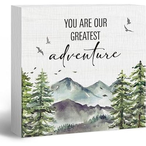 Woodland Nursery Wooden Box Sign, Inspirational Desk Decor, Forest Mountain You Are Our Greatest Adventure Wood Block Box Sign Plaque for Kids Baby Boys Room Nursery Wall Shelf Decor