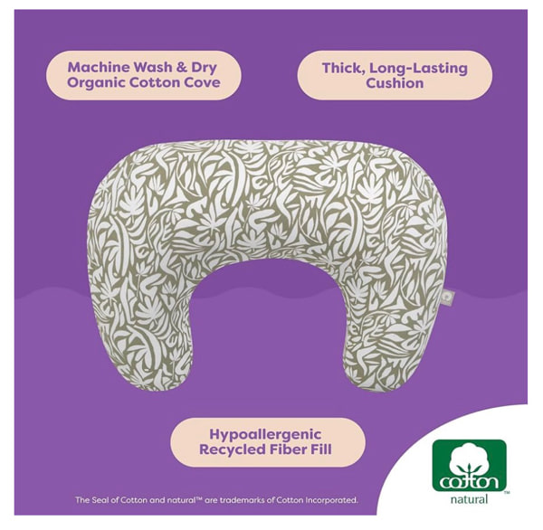Boppy Nursing Pillow - Ergonomic Bottle & Breastfeeding Pillow, Higher, Firmer & Larger, Water-Repellent with Washable Organic Cotton Cover, Baby Safety Alliance Verified - Green Cut Out Leaves