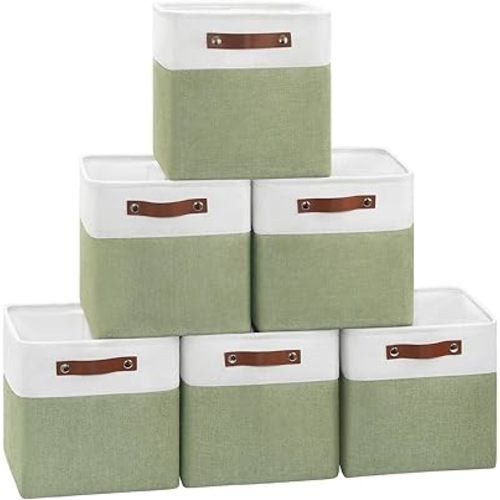 Collapsible Fabric Cube Storage Bins 11x11×11, Pack of 6 Closet Basket Boxes with PU Handles for Organizing Shelves, Toys, Clothes, Home, Office (White&Green)