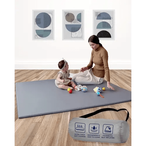 TODALE Waterproof Baby Play Mat Super Thick Baby Mat - Self-Inflating & Foldable for Nursery, Playpen & Outdoor Use (50" x 50" Gray)