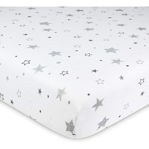 American Baby Company Fitted Crib Sheet 28" x 52", Soft Breathable Neutral 100% Cotton Jersey Sheet, Super Stars, for Boys and Girls, Fits Crib and Toddler Bed mattresses
