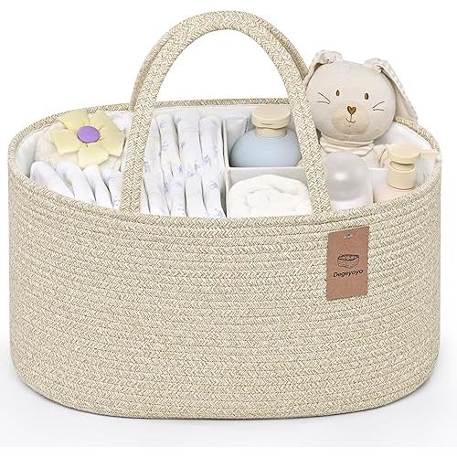 Baby Diaper Caddy Organizer, Cotton Rope Diaper Basket, Baby Basket for Changing Table, Nursery, Car, Changing Table Storage Bin With Removable Divider, Baby Shower Gifts for Newborn, Baby Essentials