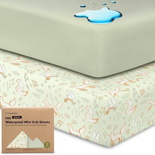 2-Pack Waterproof Pack and Play Sheets, Mini Crib Sheets Fitted for Boy, Girl - 38 x 26 Viscose from Bamboo Pack N Play Mattress Sheets for Graco, Toddler Playard Baby Crib Sheets Neutral (Foxtrot)