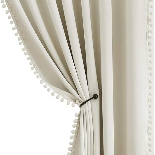 Pom Pom Curtains for Bedroom Windows 84 inch Energy Efficient Thermal Insulated Living Room Darkening Curtain Panels for Kitchen Nursery Room Ivory 52" w x2 Panels Rod Pocket