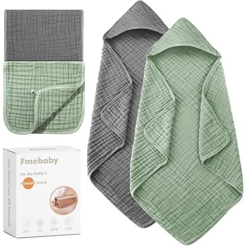 Hooded Baby Towels for Newborn, 2 Pack 36x36 Inch Muslin Cotton Baby Bath Towel and 12x12 Inch Washcloth Set with Hood for Babies, Toddler and Kids, Essentials Must Haves (Grey and Green)