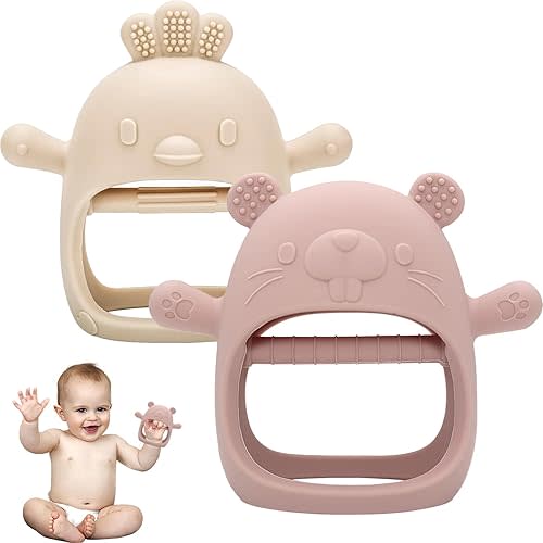 Lot de 2 jouets de dentition pour bébés, jouets de dentition pour bébé, moufles de dentition en silicone pour bébé, jouets à mâcher essentiels pour les besoins de succion (blanc/rose)