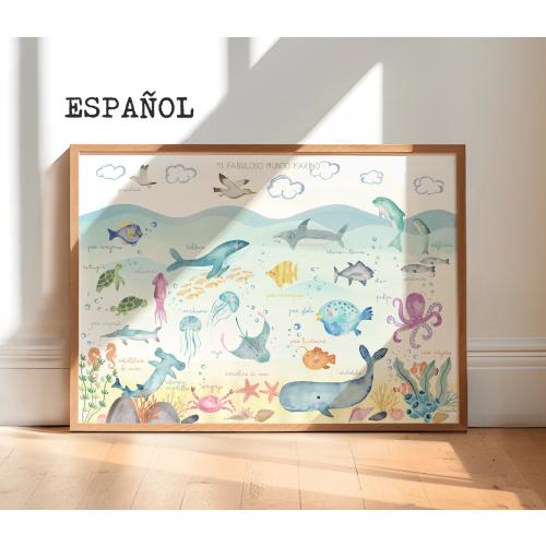 Marine Life Baby Decor | Ocean Animals Poster in SPANISH | Educational Sea Creature Print for Kids' Room & Nursery Wall Art | Sea Life Lover