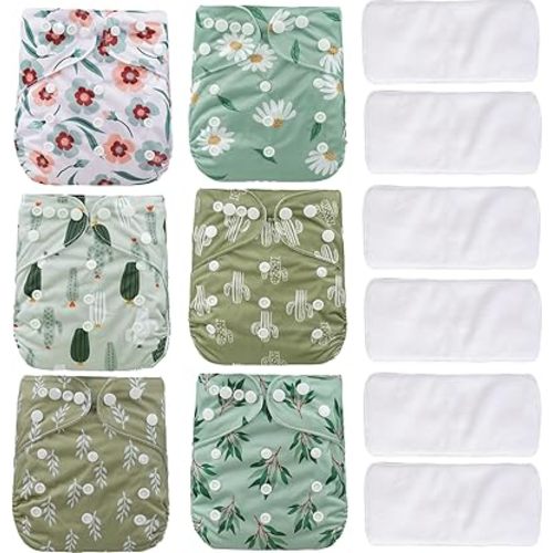 12 Set Reusable Adjustable Cloth Diapers for Newborn to 0-3 Years,One Size Washable Pocket Nappy Covers for Baby Girl and Boy,6 Pack Cloth Diapers+6pcs Microfiber Inserts(Green 1)
