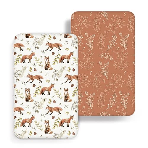 ACRABROS Pack and Play Sheets, Mini Crib Sheets for Boys Girls,Snug Fitted Playard Sheet Bedding Mattress Protector,2 Pack,Fox&Leaf