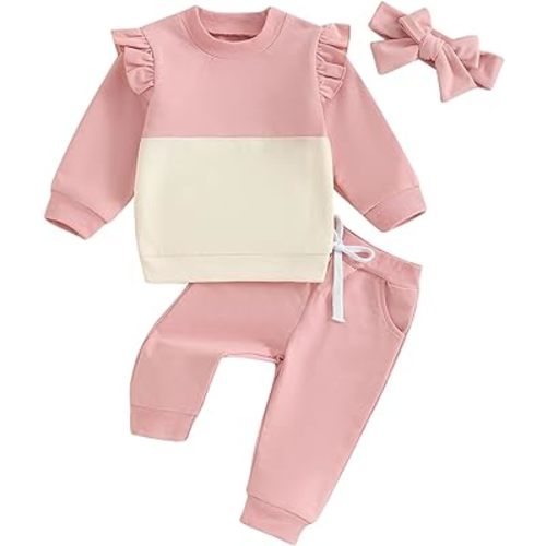 Karuedoo Toddler Baby Girl Fall Winter Clothes Color Block Ruffle Sweatshirt Top Solid Color Pants Headband 3Pcs Outfit Set