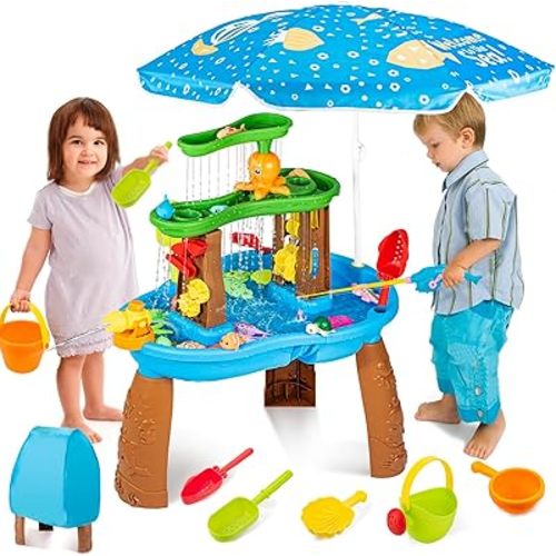 Water Table for Toddlers 3-5 with Umbrella Outdoor Toys for Kids Ages 4-8 3-Tier Kids Sand Water Table with Fishing Game Set Activity Sensory Table Summer Gift Beach Outside Toys for Toddlers