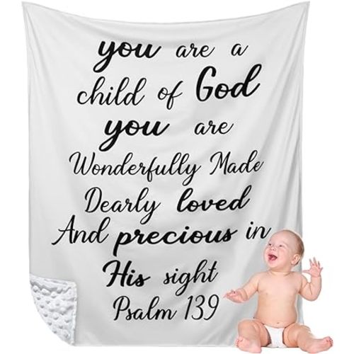 Rtteri Christian Gift for Baby Plush Baby Blanket with Dotted Backing Baptism Blanket Scripture Quote Swaddle Bible Verse Blanket for Newborn Boy Girl Christening Godchild Gift(Black and White)